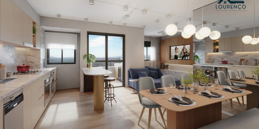 Ilustração Artistica da unidade com living ampliado e dormitório - Tipo 65,97m²