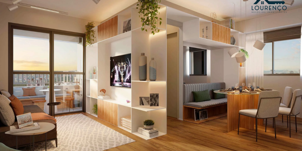 Ilustração Artistica da unidade com sala ampliada- Tipo 49,72m²